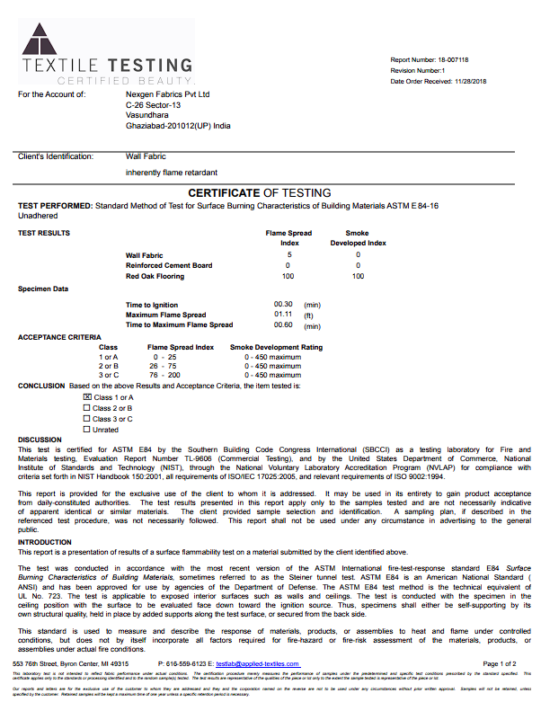 USA ASTM E84 Certificate